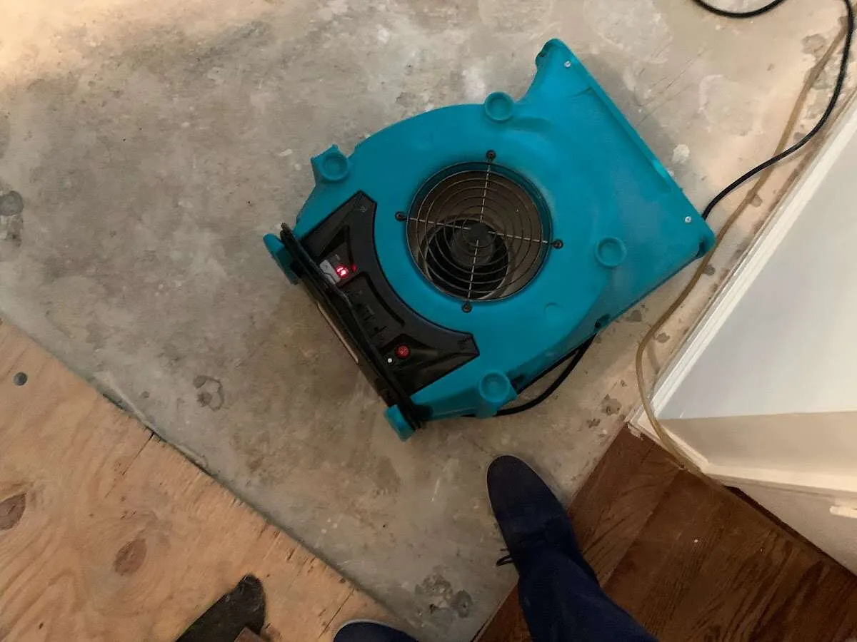 Air mover drying subfloor during Commercial Water Damage Restoration in Blooming Grove